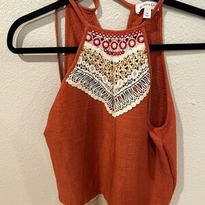 Orange Red Embellished Crop Tank Top